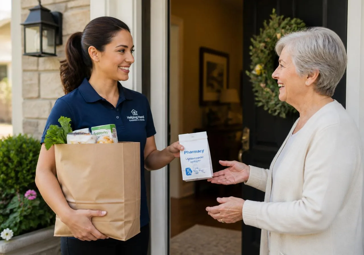 A professional in a navy polo delivering groceries and a prescription package to an older adult at her door